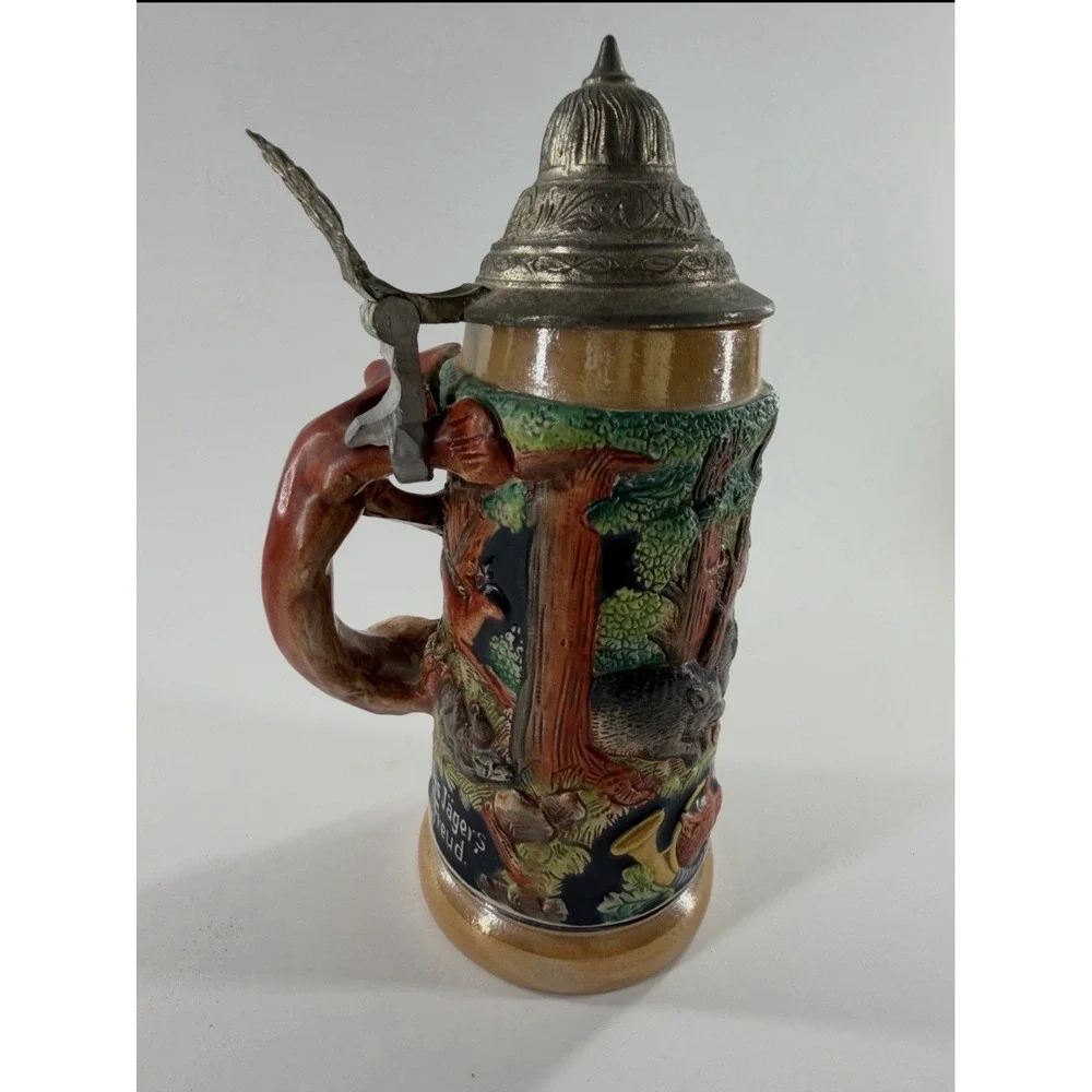 Vintage E&R Golden Crown Beer Stein Die Grune Heid Deer Pewter‎ Lid Germany